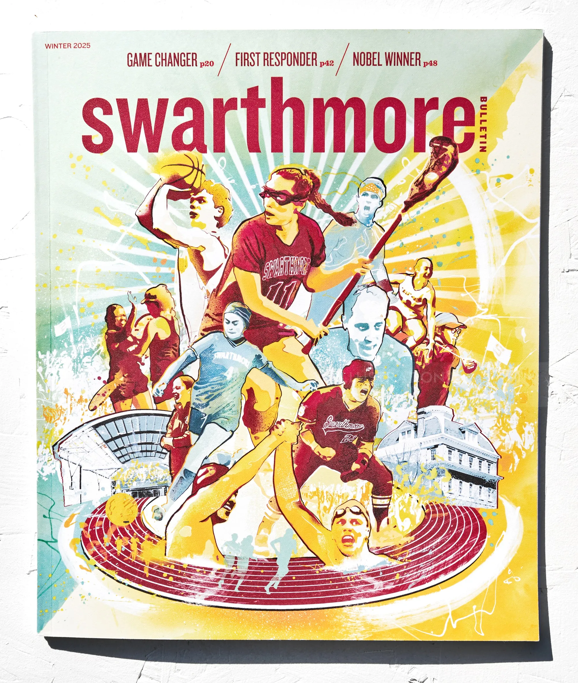 Titelbild des Swarthmore College Magazins mit Sportlern und akademischen Größen in dynamischen Posen