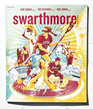 Swarthmore College magazine cover with athletes and academic icons in dynamic poses