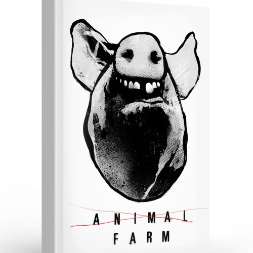 Black and white pig illustration on Animal Farm book cover