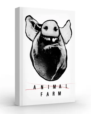Black and white pig illustration on Animal Farm book cover