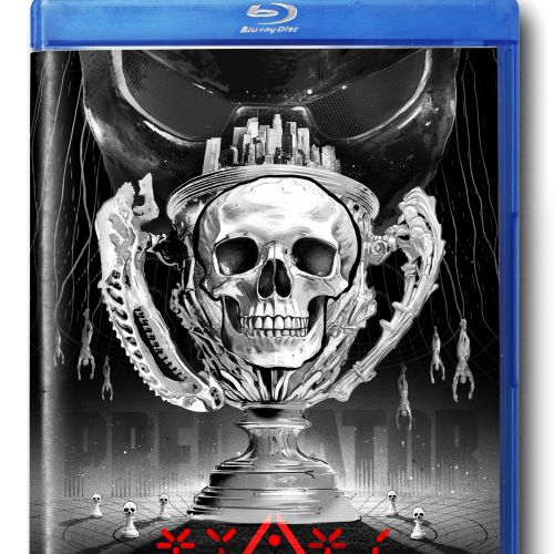 Blu-ray cover with skull trophy and LA cityscape in black and white