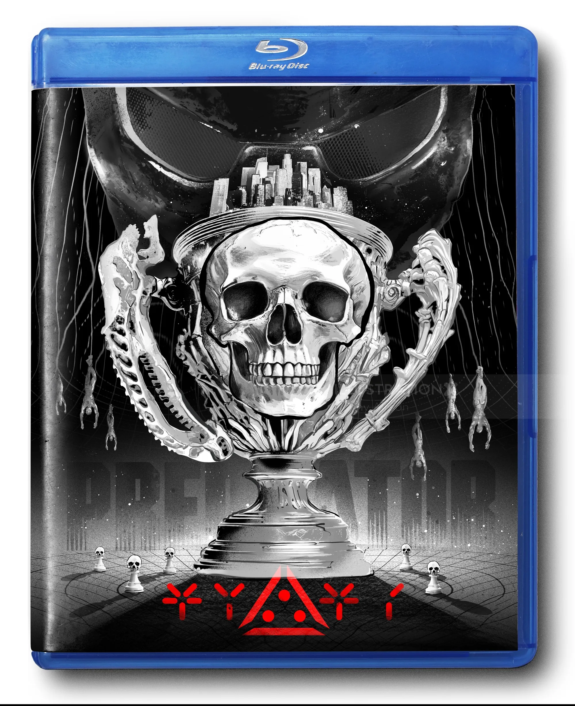 Blu-ray cover with skull trophy and LA cityscape in black and white