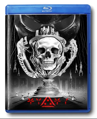 Blu-ray cover with skull trophy and LA cityscape in black and white