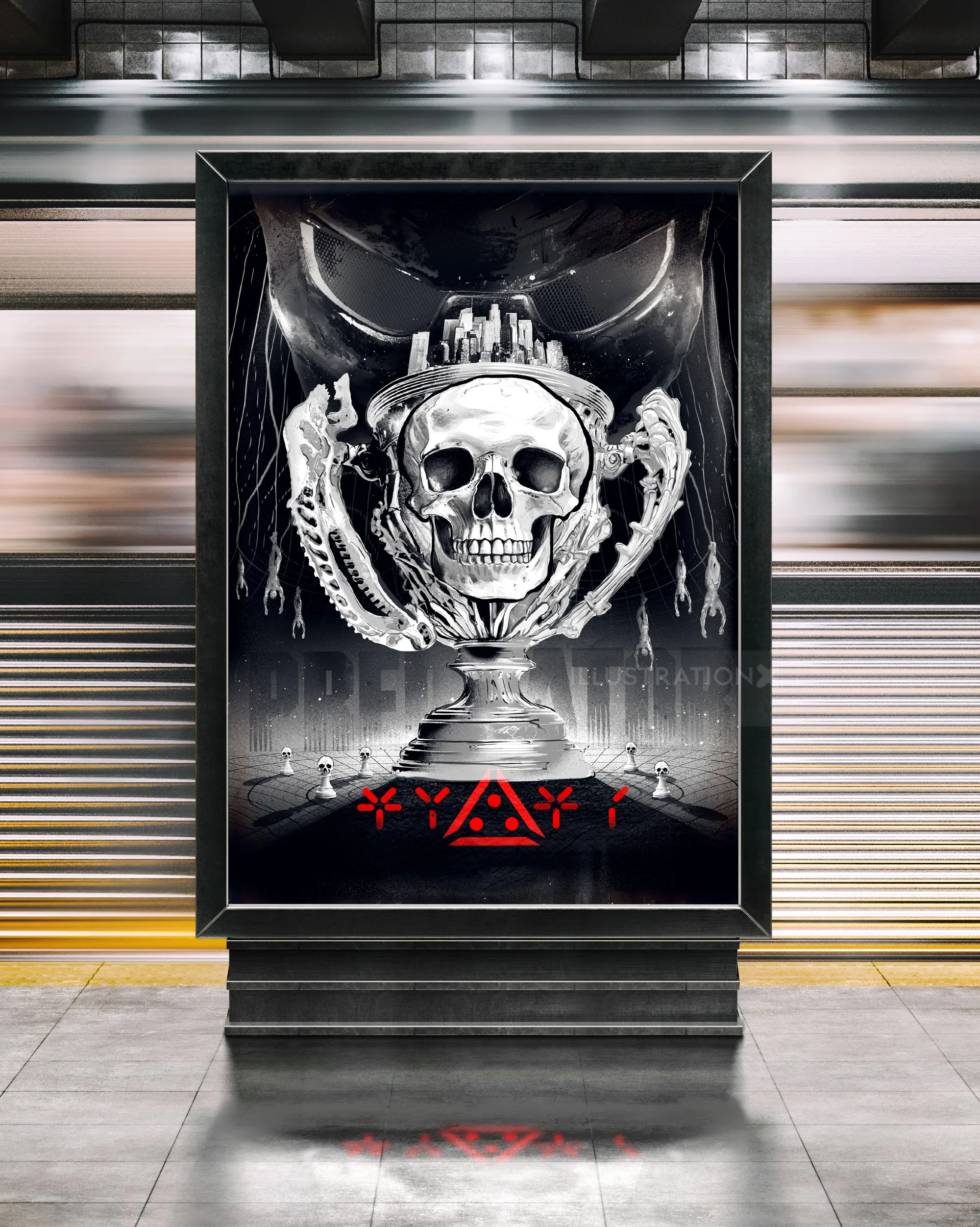 Metallic human skull trophy with red glyphs by Danny Allison