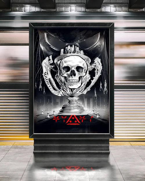 Metallic human skull trophy with red glyphs by Danny Allison