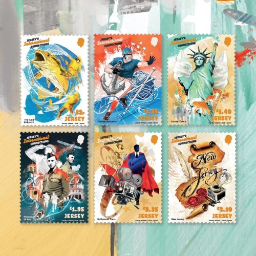 Danny Allison collage of six colorful illustrated New Jersey postage stamps