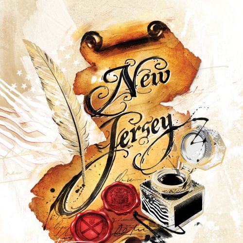 Danny Allison illustration of New Jersey lettering with a quill, compass, seals, and writing tools
