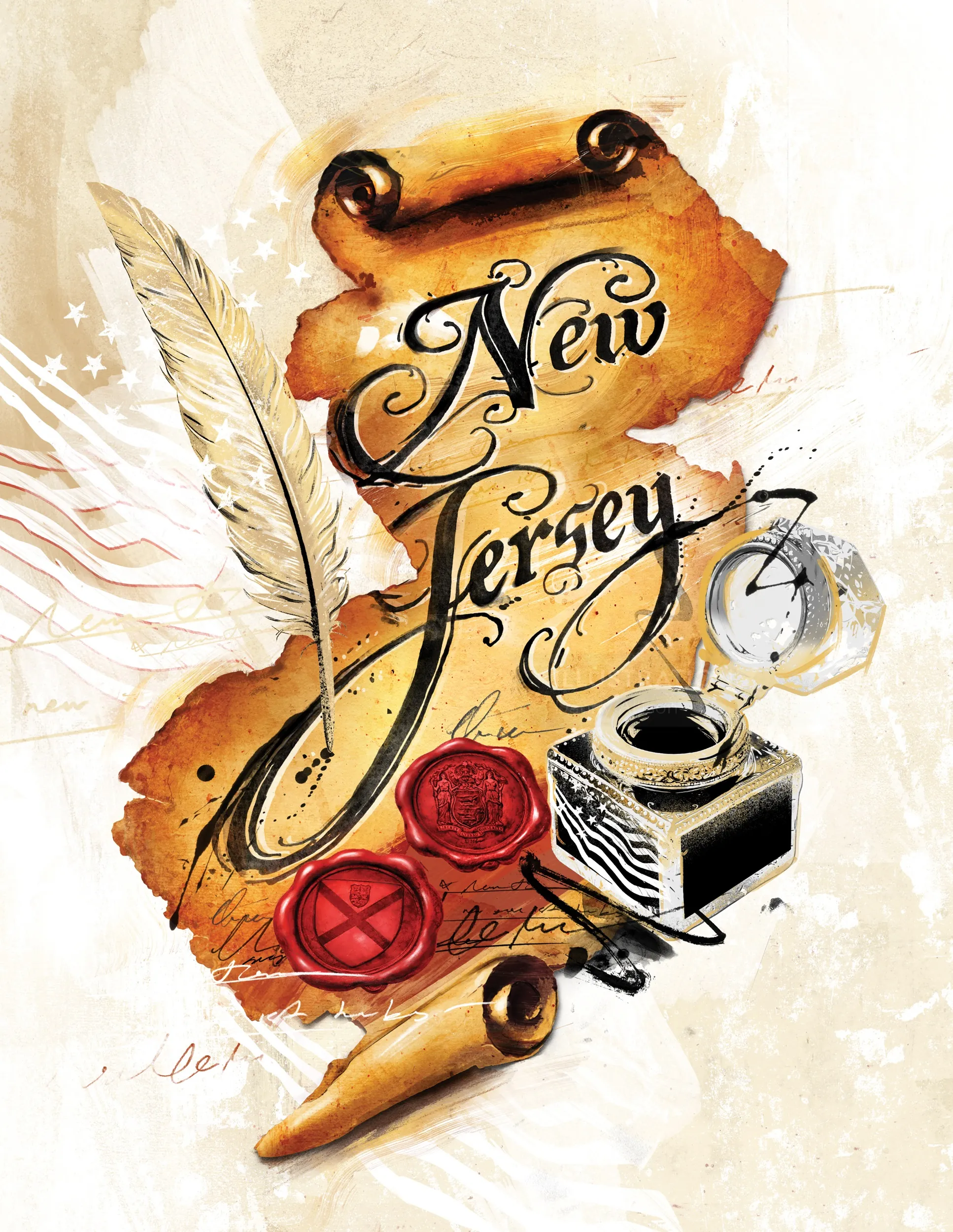 Danny Allison ilustração da tipografia de Nova Jersey com uma pena, bússola, selos e instrumentos de escrita