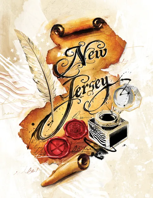 Danny Allison ilustração da tipografia de Nova Jersey com uma pena, bússola, selos e instrumentos de escrita