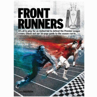 Texto dos corredores da frente, capa de revista, corrida de esportista, linha de chegada