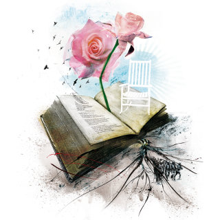 Plante de rose, livre ouvert avec du texte, racines sortant du papier