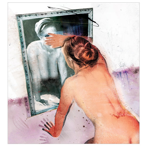 fille nue devant un miroir, des points de sang partout, image en noir et blanc dans le verre