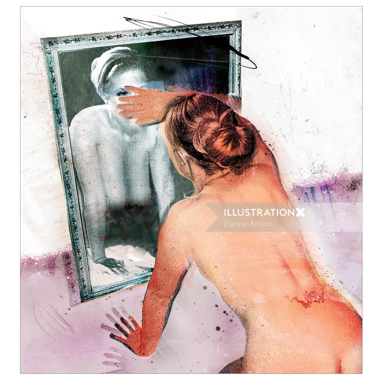 nude girl in front of a mirror, blood dots every where, black and white image in the glass