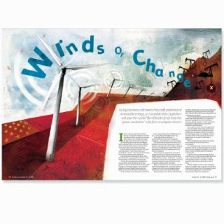 Revista de molinos de viento, texto en color azul, descripción en el papel.