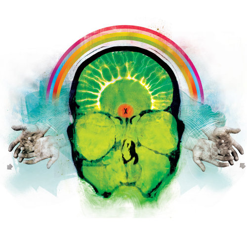 Green human brain, persons head with closed eyes, rainbow in the sky, cloud in the background