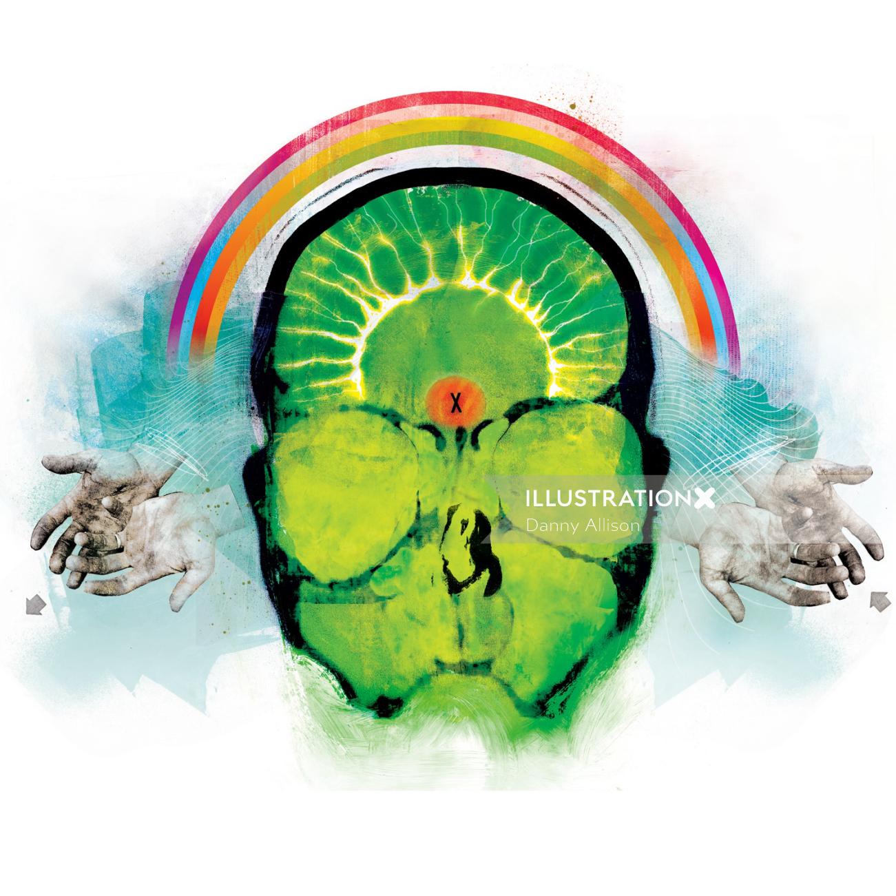 Green human brain, persons head with closed eyes, rainbow in the sky, cloud in the background