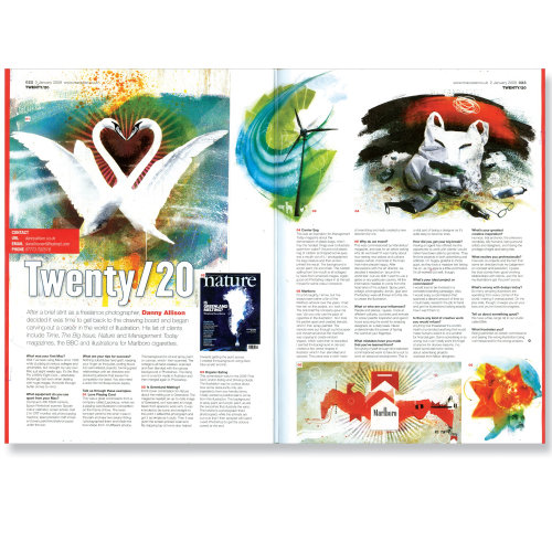 papéis de revista com texto composto, imagens coloridas sobre fundo branco, cisnes brancos na água