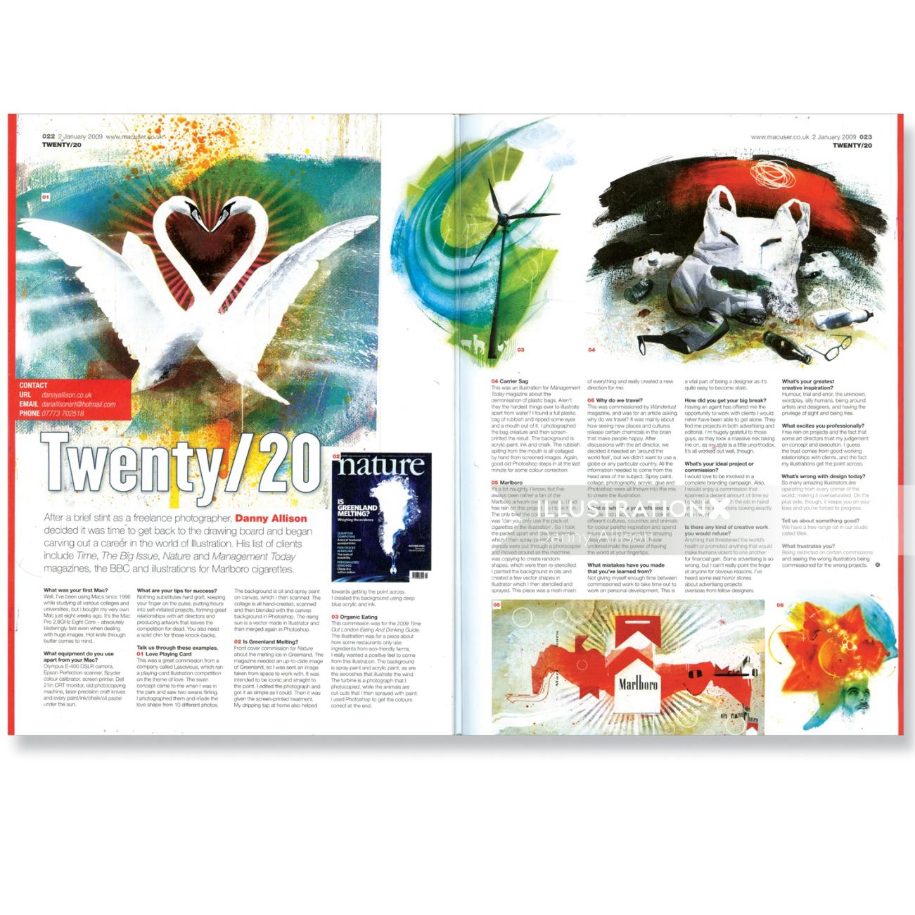 magazine papers with text composed, colorful images on white background, white swans in water