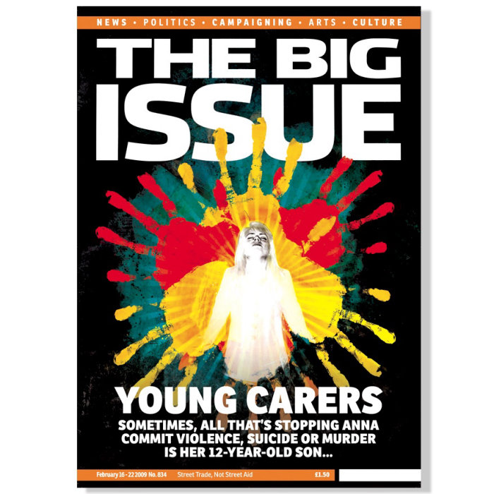 Portada de la revista Big Issue, símbolo de Ayudando a los niños en la página