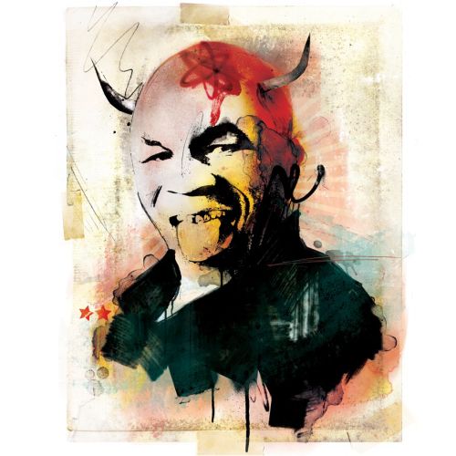 Mike tyson drawing, man with bald hair, devil face, black shirt