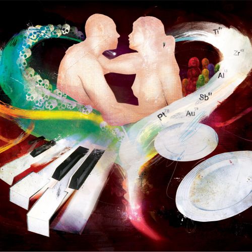 piano keys, Couple looking each other, mixed background, love symbol, magazine cover