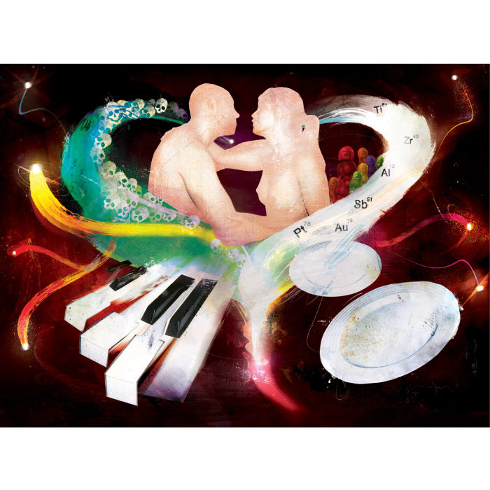 piano keys, Couple looking each other, mixed background, love symbol, magazine cover