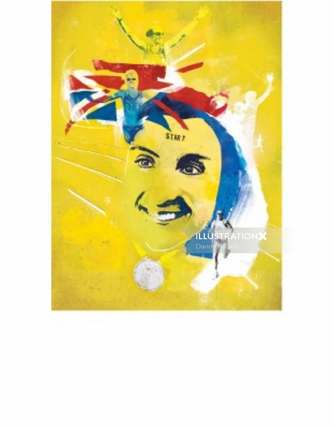 Yellow background pattern, UK flag, Girl in the background, Victory symbol