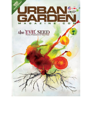 Evil Seeds, fruta de cor vermelha, raízes em cor preta, texto em segundo plano