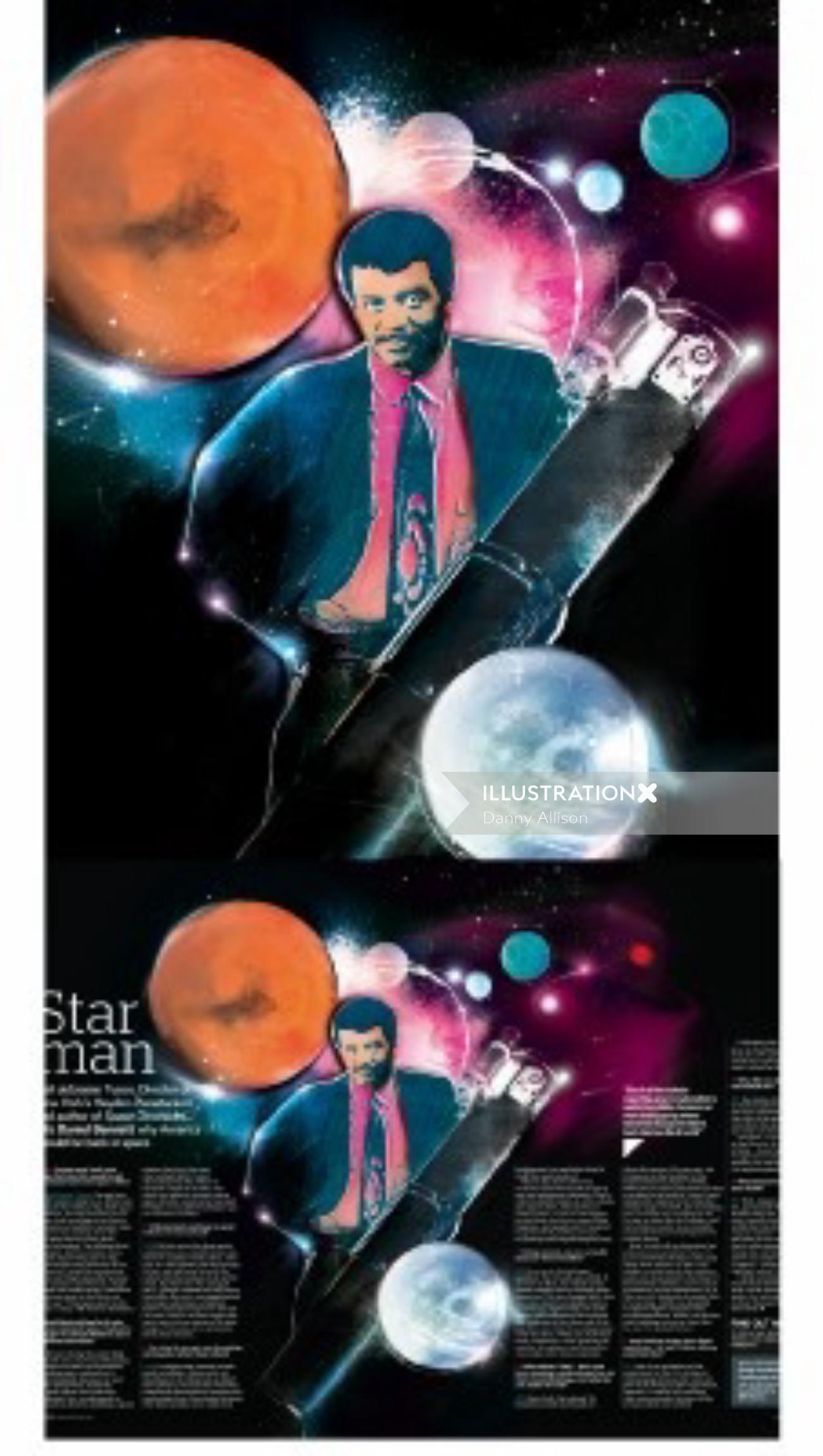 Man with suit, big pen, planets, space, stars, scientist, telescope,