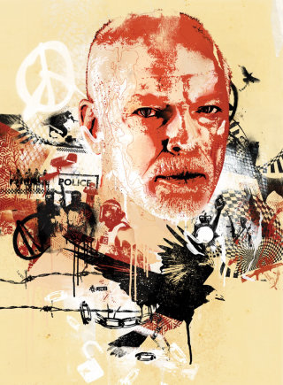David Gilmour rosa Floyd retrato ilustração estilo de rua grafite editorial prog Banksy