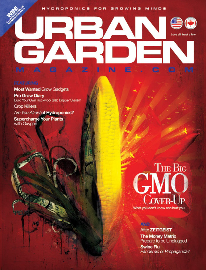 GMO Cover Up, portada de revista, texto en el fondo, patrón de color rojo