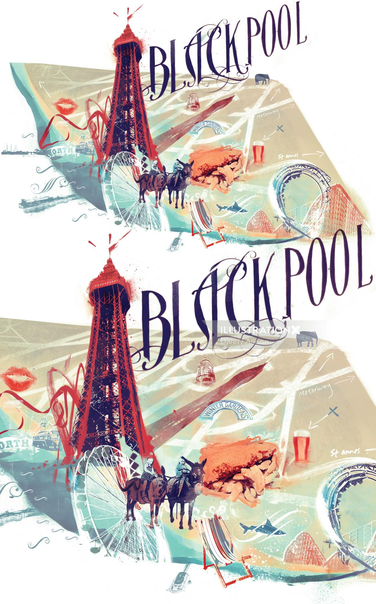 blackpool map infographics info donkey tower fisn and chips beer kiss zoo pleasure beach