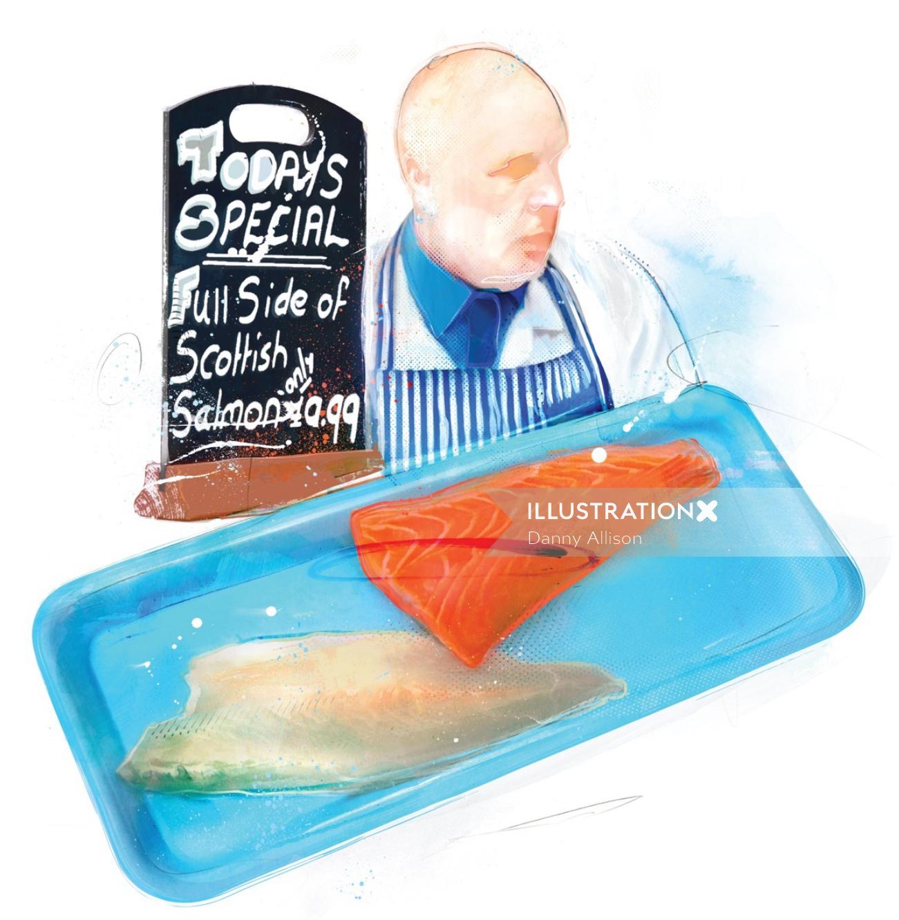 food, fish, portrait, food illustration, fillet, salmon, food illustrator, waitrose, fishmonger,