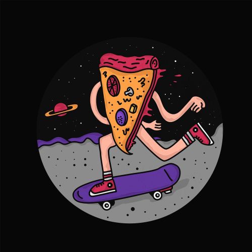 Comic design of pizza riding on skating board 