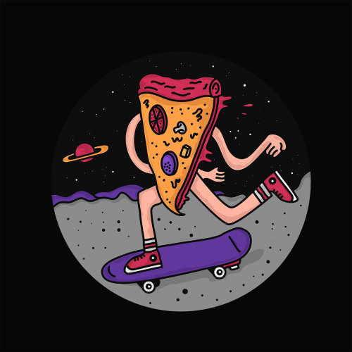 Conception comique de pizza à cheval sur une planche à roulettes