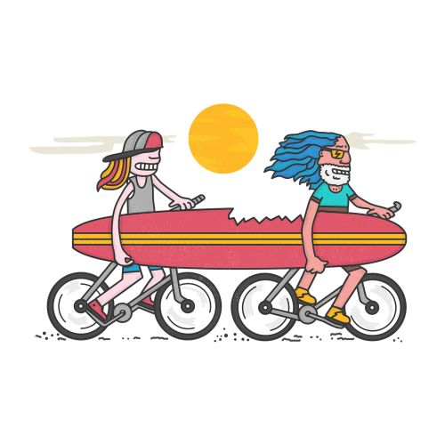 Two couple riding on cycle with swimming kick board 