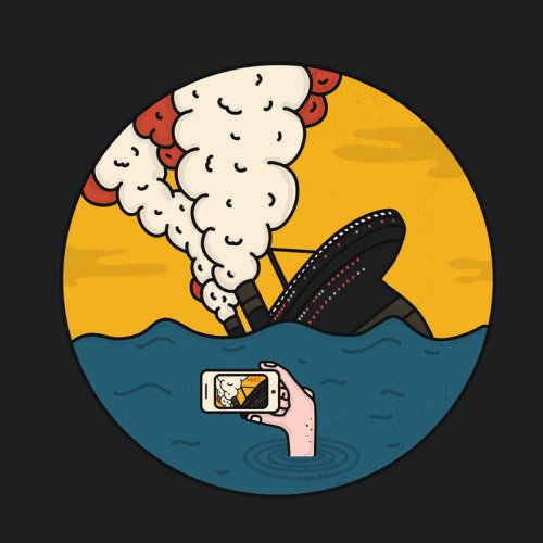 Graphic of hand taking photograph of sinking ship