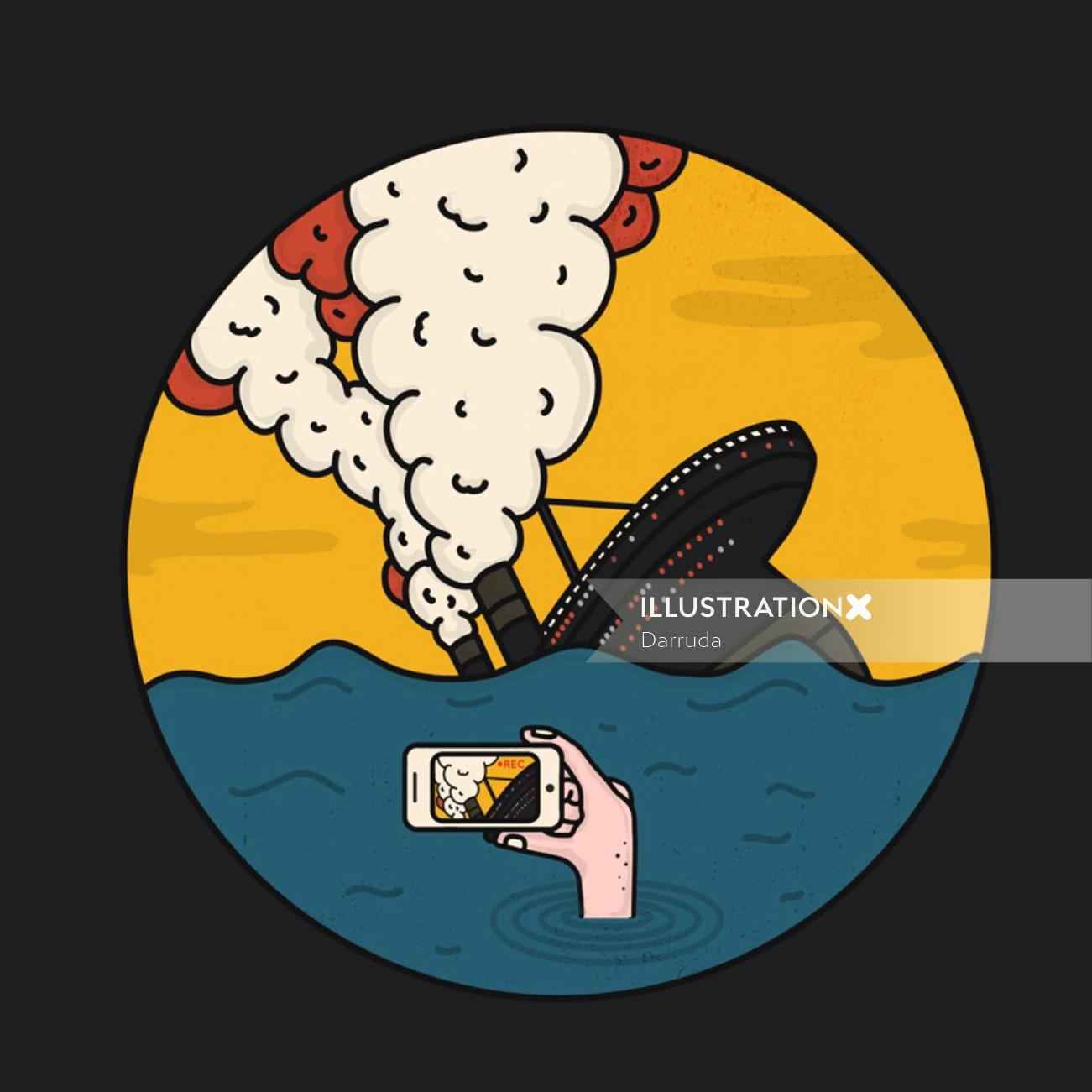 Graphic of hand taking photograph of sinking ship