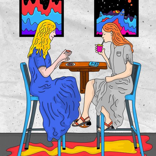 Graphic illustration of girls having coffee