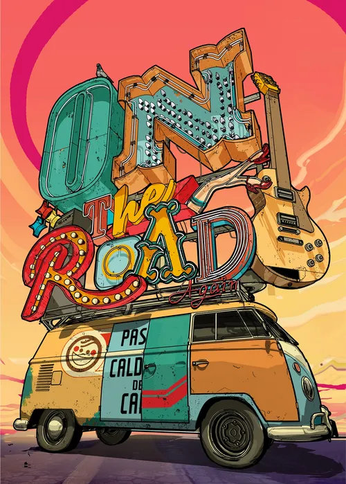 Letras On The Road para pôster de campanha vintage