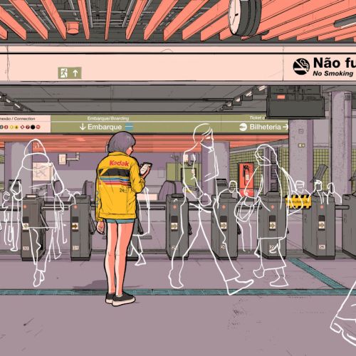 Person in yellow jacket on train platform with outlined commuters by Davi Augusto