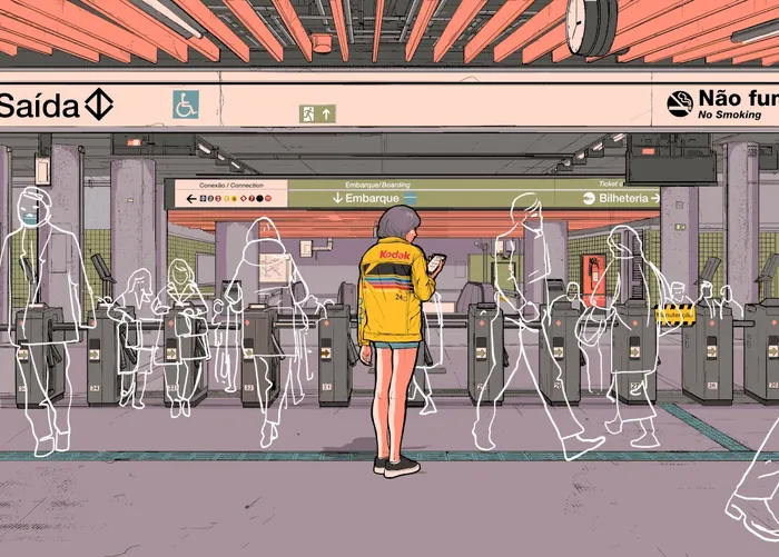 Person in yellow jacket on train platform with outlined commuters by Davi Augusto