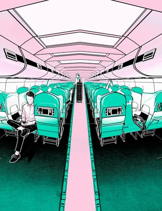 Airplane cabin interior with seats and passenger working on laptop by Davi Augusto