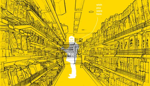 Ilustração de corredor de supermercado com silhueta de comprador por Davi Augusto