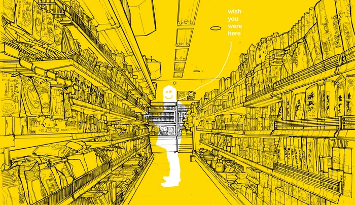 Supermarket aisle illustration with shopper silhouette by Davi Augusto