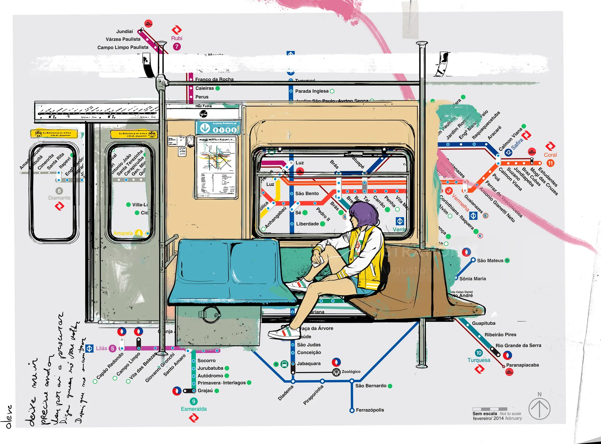Person reading book on subway bench, metro map background by Davi Augusto