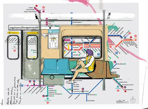Pessoa lendo um livro em um banco do metrô, com um mapa do metrô ao fundo, por Davi Augusto