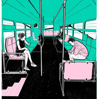Illustration by Davi Augusto of three people seated inside a teal and pink bus interior