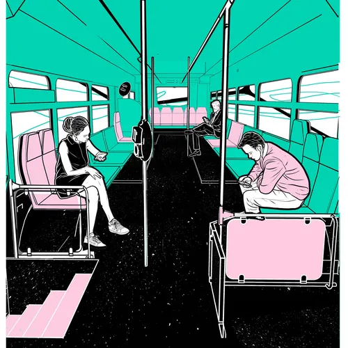 Ilustração de Davi Augusto de três pessoas sentadas dentro de um ônibus azul-petróleo e rosa.
