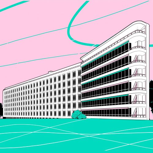 Modernist white office building with pink sky by Davi Augusto